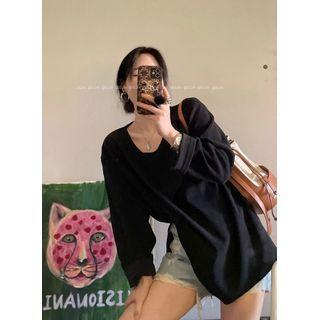 Long-sleeve Slit-side Plain Top Black - One Size