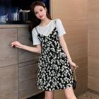 Short-sleeve Plain T-shirt / Spaghetti-strap Floral Printed Dress