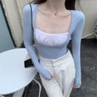 Long-sleeve Mesh Trim Square-neck Knit Top Top - Blue - One Size