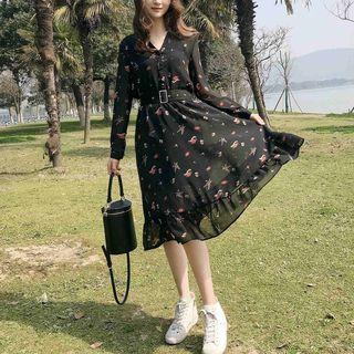 Set: Floral Print Long-sleeve A-line Chiffon Dress + Slipdress