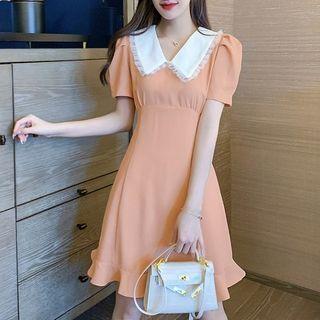 Collared Puff-sleeve Mini A-line Dress