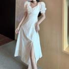 Puff-sleeve Slit Midi Dress