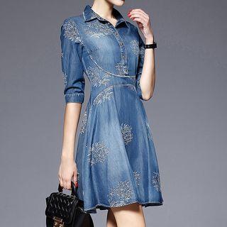Embroidered Short-sleeve A-line Denim Dress