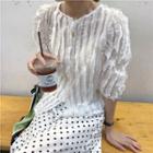 Elbow-sleeve Frayed Striped Blouse White - One Size