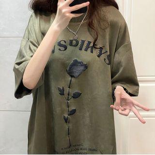 Short Sleeve Rose Lettering Print T-shirt