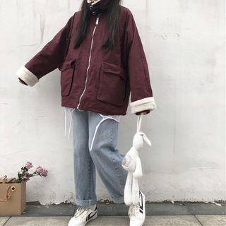 Pocket Detail Zip Jacket Wine Red - One Size