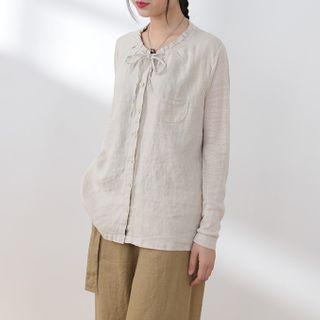 Long-sleeve Tie-neck Buttoned Shirt