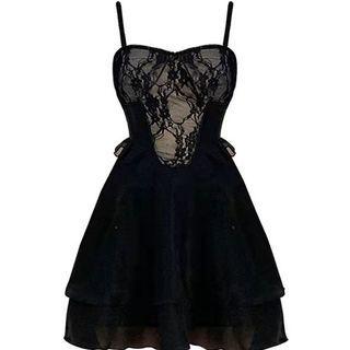 Spaghetti Strap Lace Panel Mini A-line Dress / Cardigan