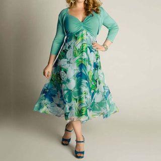 Long-sleeve Flower Print Midi A-line Dress Light Green - One Size