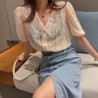 Faux Pearl Lace Trim Collar Blouse Beige - One Size