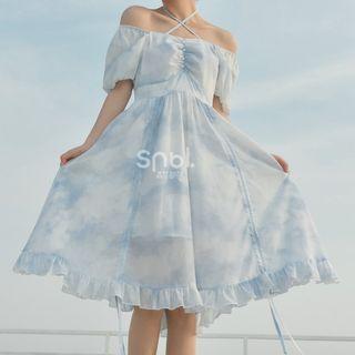 Short-sleeve Tie-dye Frill Trim A-line Dress