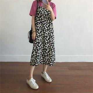 Spaghetti Strap Floral Print Midi A-line Dress Black - One Size