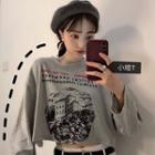 Long-sleeve Cropped Print T-shirt Gray - One Size