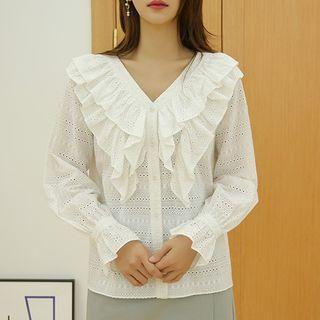 V-neck Ruffled Eyelet-lace Blouse White - One Size