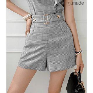 Glen-plaid Belted Shorts