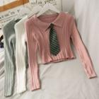 Cropped Light Knit Polo Top With Striped Tie
