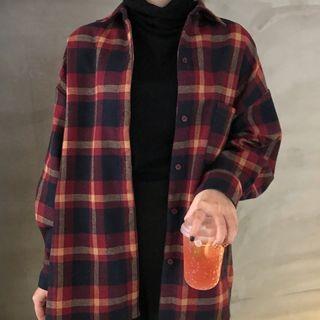 Long-sleeve Plaid Shirt Plaid - Red & Blue - One Size