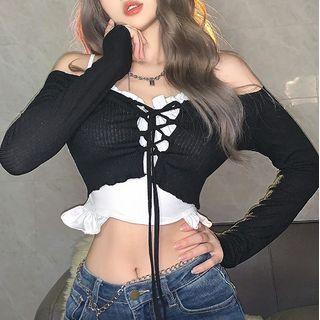 Set: Ruffle Trim Camisole Top + Lace-up Cropped T-shirt