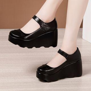 Plain Platform Wedge Heel Mary Jane Pumps