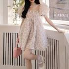 Short-sleeve Square Neck Floral Mini A-line Dress Off-white - One Size