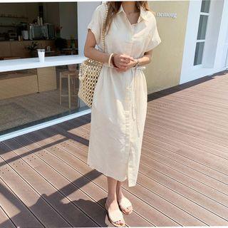 Short-sleeve Linen Midi A-line Shirtdress