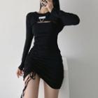 Set: Spaghetti Strap Drawstring Sheath Dress + Long-sleeve Crop T-shirt