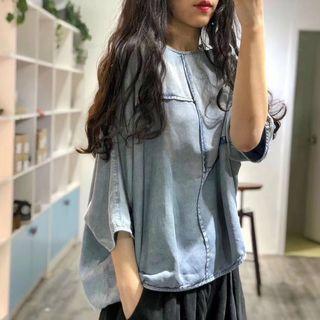 Denim 3/4-sleeve T-shirt As Shown In Figure - One Size