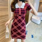 Short-sleeve Collar Plaid Knit A-line Dress