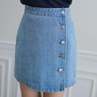 Button-front Denim Wrap Miniskirt
