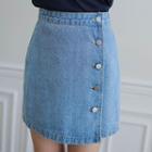 Button-front Denim Wrap Miniskirt