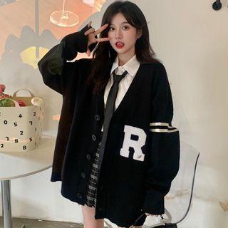 V-neck Lettering Cardigan Black - One Size