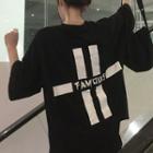 3/4-sleeve Lettering Long T-shirt Black - One Size