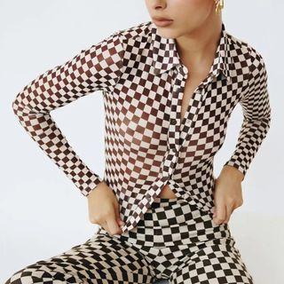 Checkerboard Long-sleeve Mesh Blouse