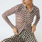 Checkerboard Long-sleeve Mesh Blouse