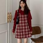 Long-sleeve Mock Two-piece Plaid Mini Collared Dress Plaid - Red - One Size