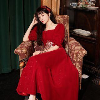 Puff-sleeve A-line Midi Evening Dress