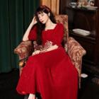 Puff-sleeve A-line Midi Evening Dress