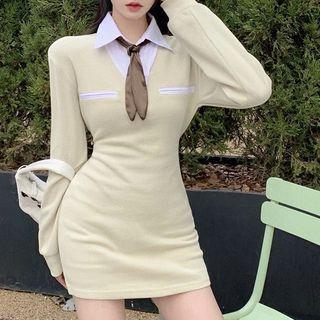 Mock-two-piece Shirt Panel V-neck Plain Bodycon Dress