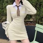 Mock-two-piece Shirt Panel V-neck Plain Bodycon Dress