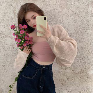 One Shoulder Strap Cropped Tank Top / Puff Sleeve Cropped Cardigan