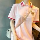 Short-sleeve Striped Trim Embroidered Cat Mini Polo Dress Pink - One Size