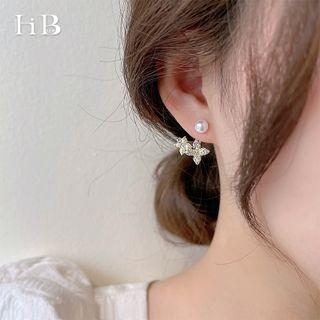 Faux Pearl Flower Rhinestone Swing Earring 1 Pair - Faux Pearl & Rhinestone - Silver - One Size