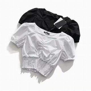 Plain V-neck Puff-sleeve Frilled Crop Top