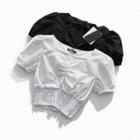 Plain V-neck Puff-sleeve Frilled Crop Top