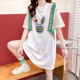 Elbow-sleeve Lace Panel Print Mini T-shirt Dress