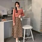 Square-neck Plain Ribbed Oversize Cropped Sweater / High-waist Floral A-line Skirt