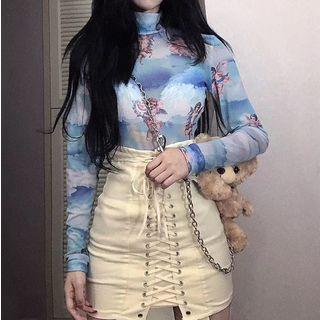 Long-sleeve Printed Mock Neck T-shirt
