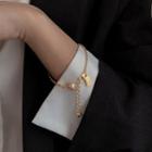 925 Sterling Silver Tag Faux Pearl Bracelet 925 Silver - Gold - One Size