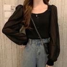 Long-sleeve Chiffon Panel Button-up Knit Top