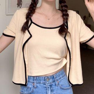 Set: Short-sleeve Contrast Trim Top + Camisole Top